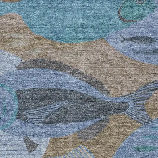 Taupe And Denim Blue Tropical Fish Washable Indoor Outdoor Area Rug Photo 2