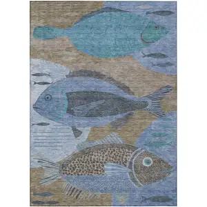 Photo of Taupe And Denim Blue Tropical Fish Washable Indoor Outdoor Area Rug