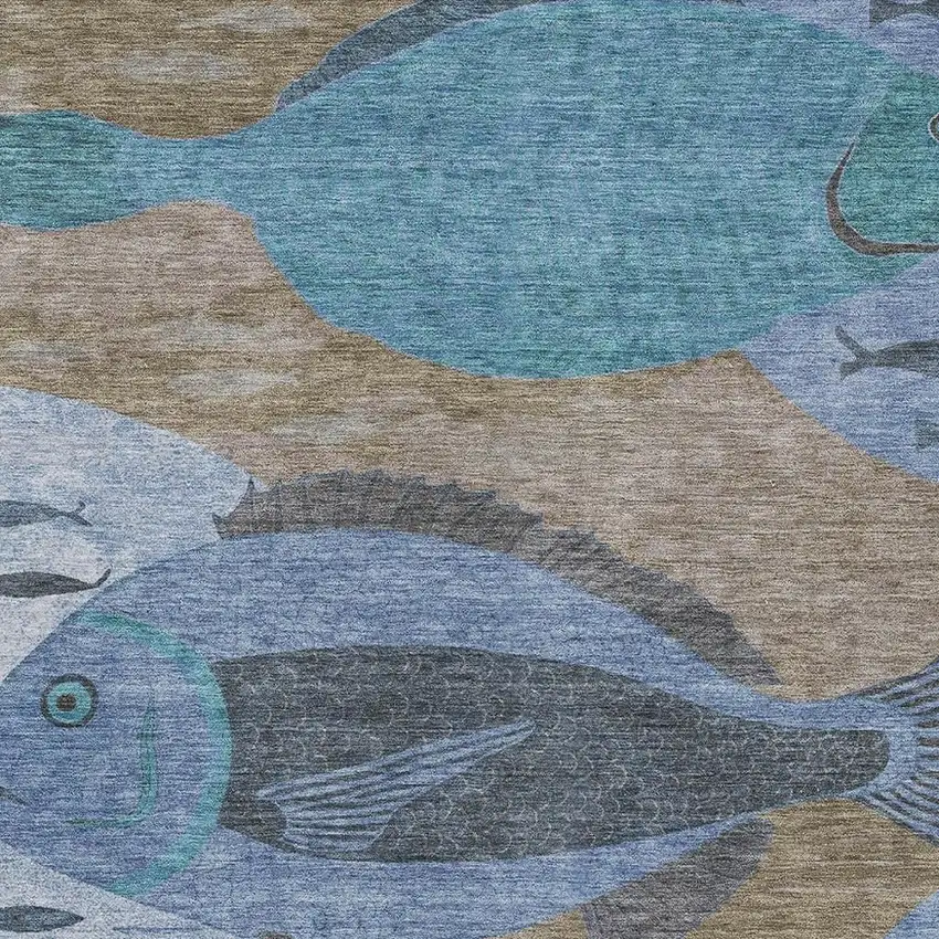 Taupe And Denim Blue Tropical Fish Washable Indoor Outdoor Area Rug Photo 2