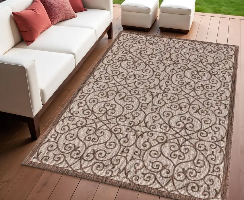 Taupe And Espresso Geometric Indoor Outdoor Area Rug Photo 1
