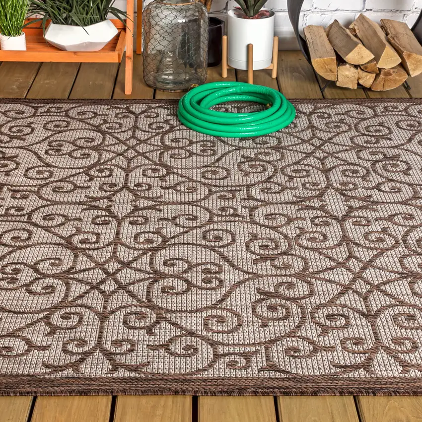 Taupe And Espresso Geometric Indoor Outdoor Area Rug Photo 7