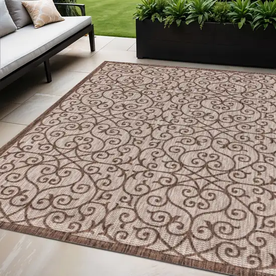 Taupe And Espresso Geometric Indoor Outdoor Area Rug Photo 1