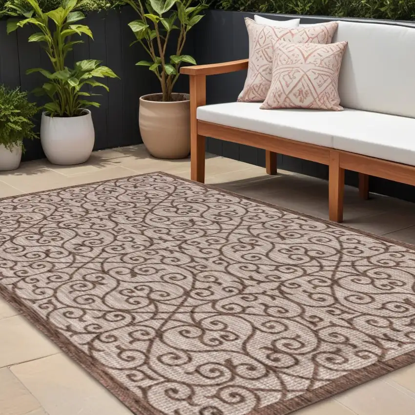 Taupe And Espresso Geometric Indoor Outdoor Area Rug Photo 1
