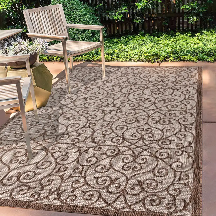 Taupe And Espresso Geometric Indoor Outdoor Area Rug Photo 8