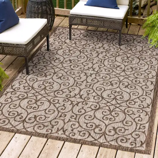 Taupe And Espresso Geometric Indoor Outdoor Area Rug Photo 9