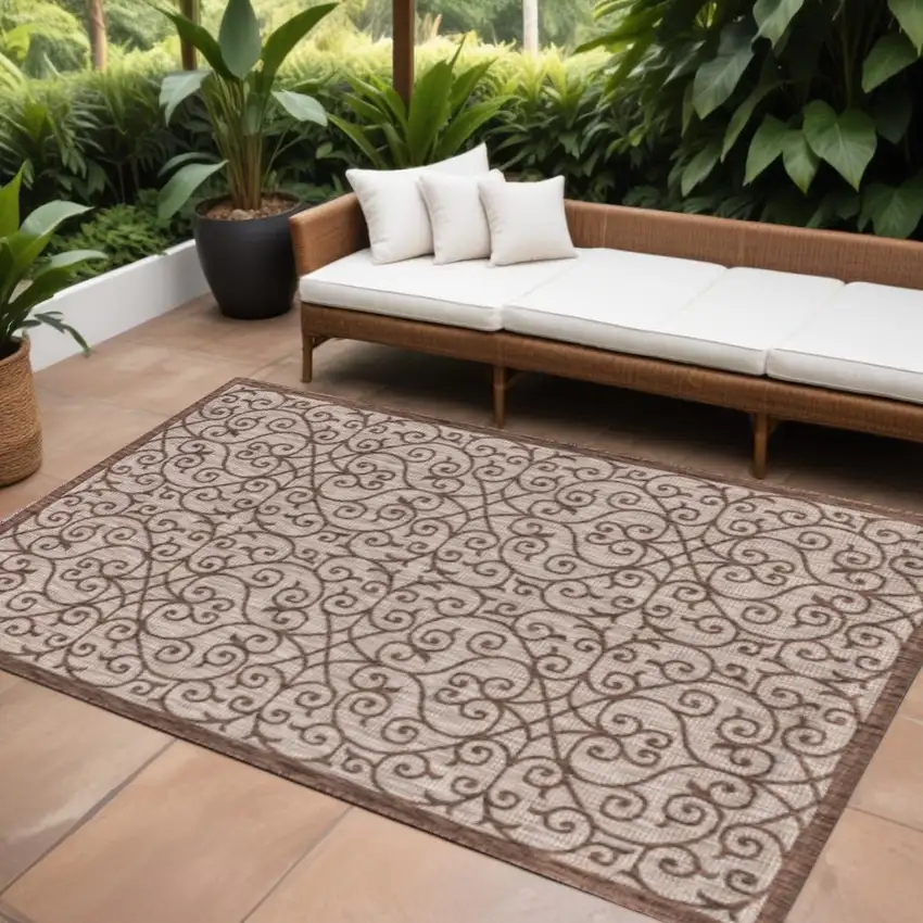 Taupe And Espresso Geometric Indoor Outdoor Area Rug Photo 1