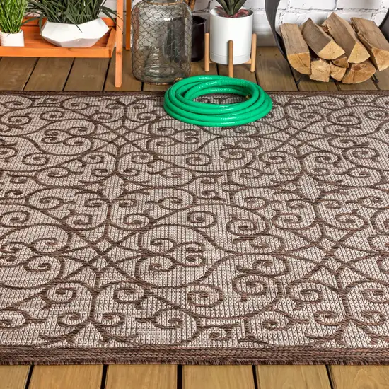 Taupe And Espresso Geometric Indoor Outdoor Area Rug Photo 7