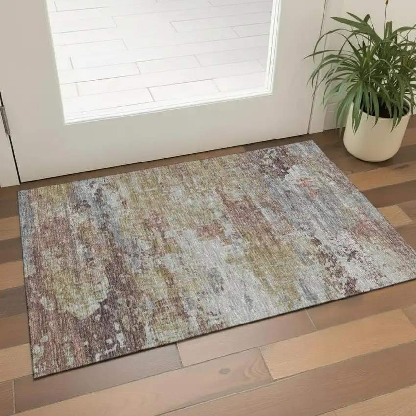 Taupe And Gold Abstract Washable Area Rug With UV Protection Photo 2