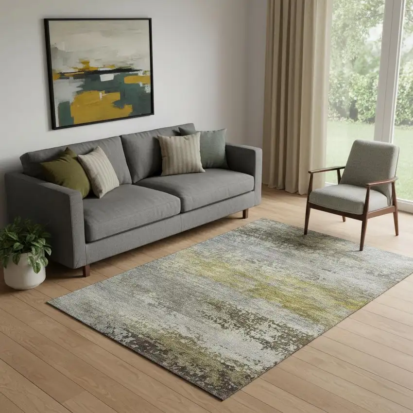 Taupe And Gold Abstract Washable Area Rug With UV Protection Photo 2