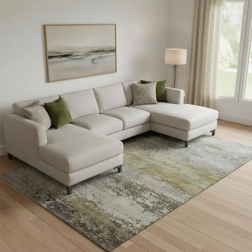 Taupe And Gold Abstract Washable Area Rug With UV Protection Photo 2