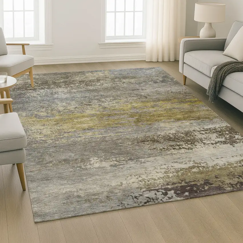 Taupe And Gold Abstract Washable Area Rug With UV Protection Photo 5