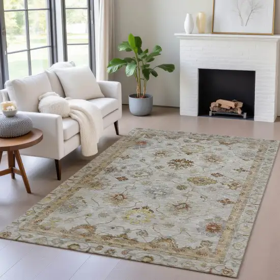 Taupe And Gold Floral Washable Indoor Outdoor Area Rug Photo 6