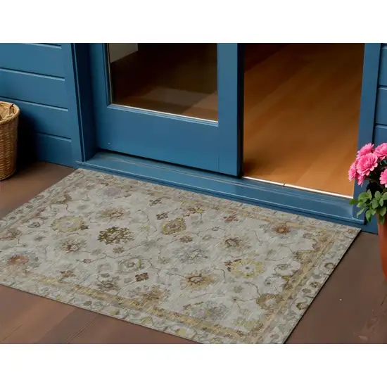Taupe And Gold Floral Washable Indoor Outdoor Area Rug Photo 2