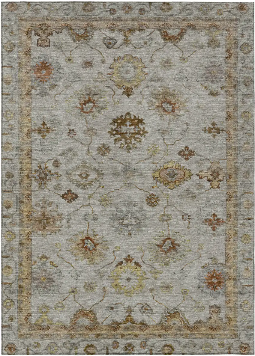 Taupe And Gold Floral Washable Indoor Outdoor Area Rug Photo 1