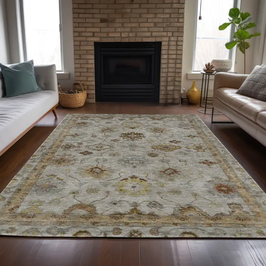 Taupe And Gold Floral Washable Indoor Outdoor Area Rug Photo 7