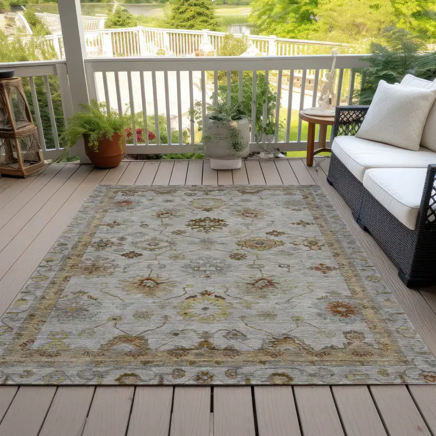 Taupe And Gold Floral Washable Indoor Outdoor Area Rug Photo 8