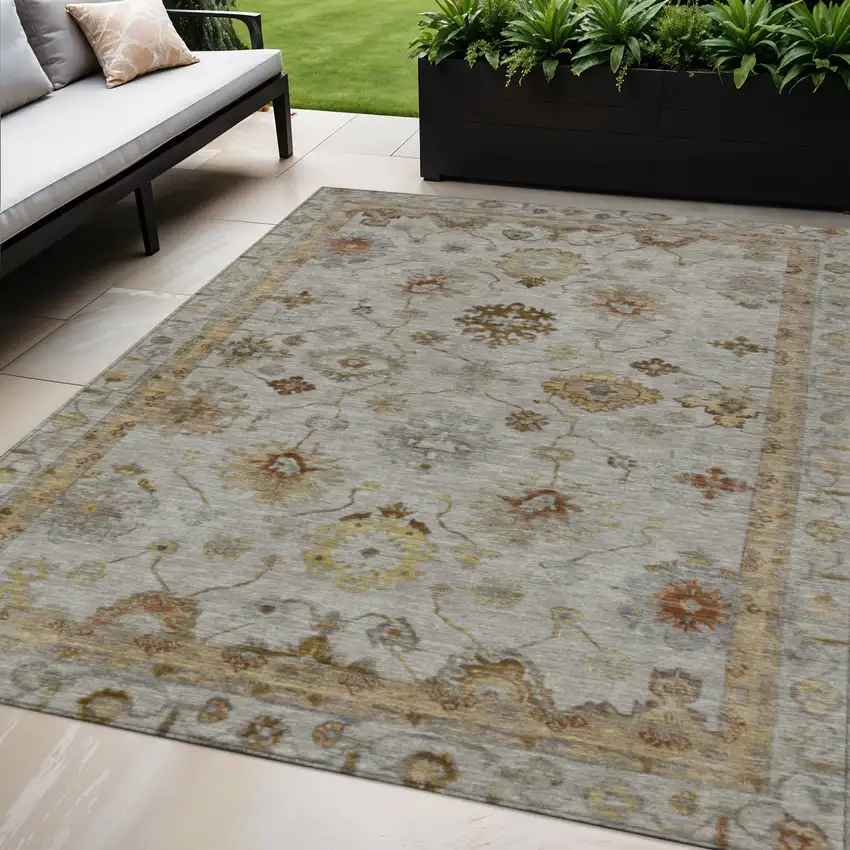 Taupe And Gold Floral Washable Indoor Outdoor Area Rug Photo 2