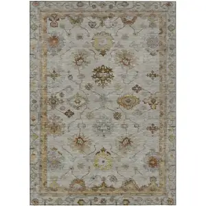 Photo of Taupe And Gold Floral Washable Indoor Outdoor Area Rug
