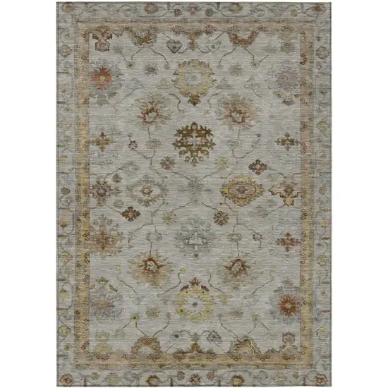 Taupe And Gold Floral Washable Indoor Outdoor Area Rug Photo 1