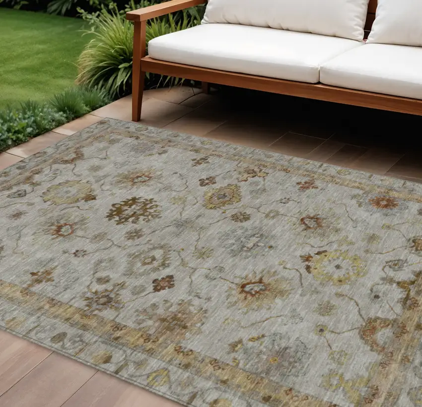 Taupe And Gold Floral Washable Indoor Outdoor Area Rug Photo 2