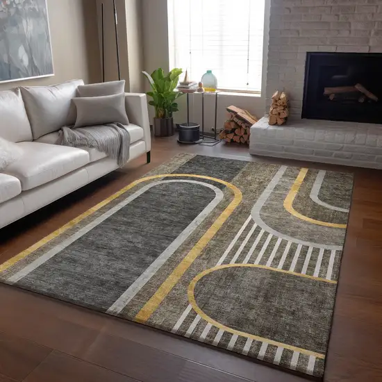 Taupe And Gold Geometric Washable Area Rug With UV Protection Photo 6