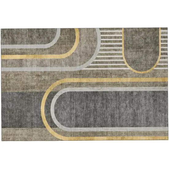 Taupe And Gold Geometric Washable Area Rug With UV Protection Photo 2