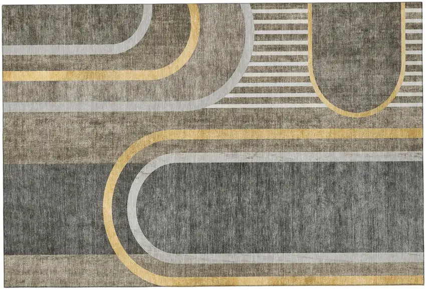 Taupe And Gold Geometric Washable Area Rug With UV Protection Photo 2