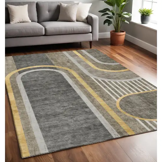 Taupe And Gold Geometric Washable Area Rug With UV Protection Photo 2