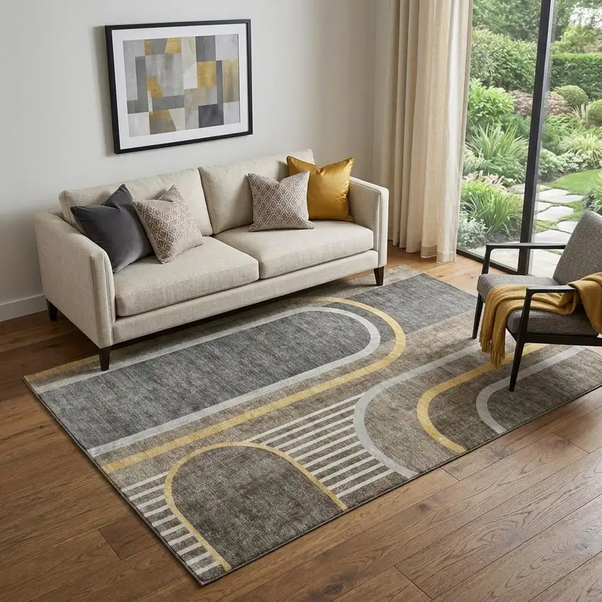 Taupe And Gold Geometric Washable Area Rug With UV Protection Photo 1