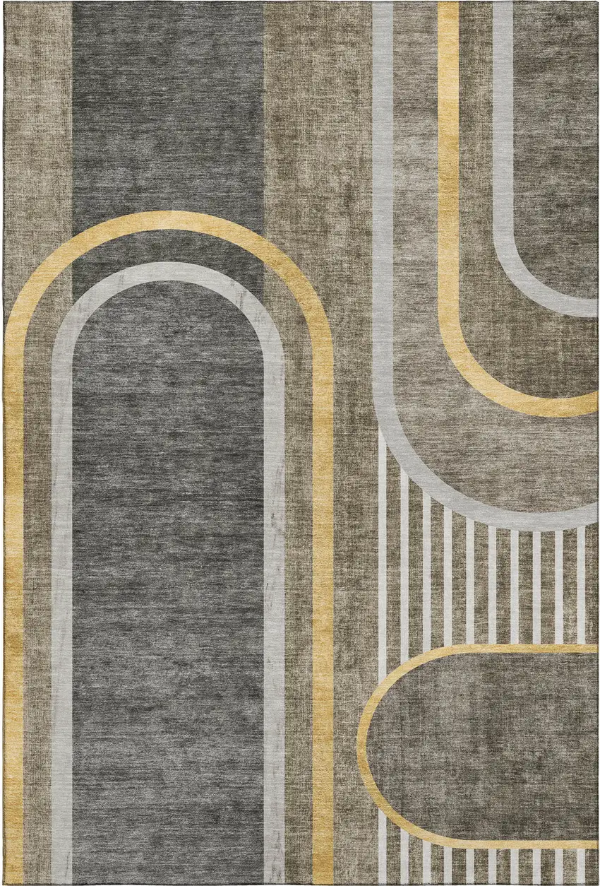 Taupe And Gold Geometric Washable Area Rug With UV Protection Photo 1
