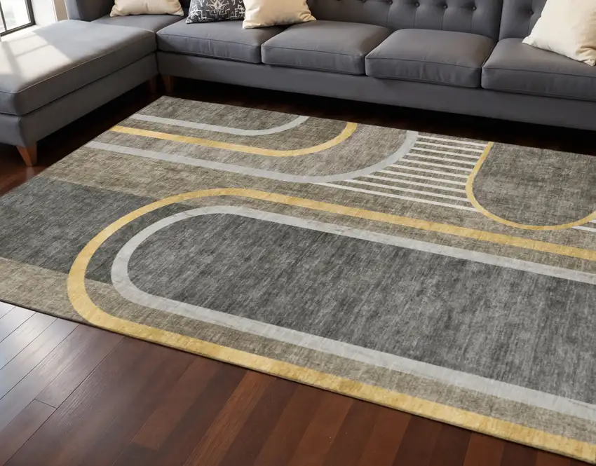 Taupe And Gold Geometric Washable Area Rug With UV Protection Photo 2