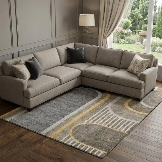 Taupe And Gold Geometric Washable Area Rug With UV Protection Photo 1