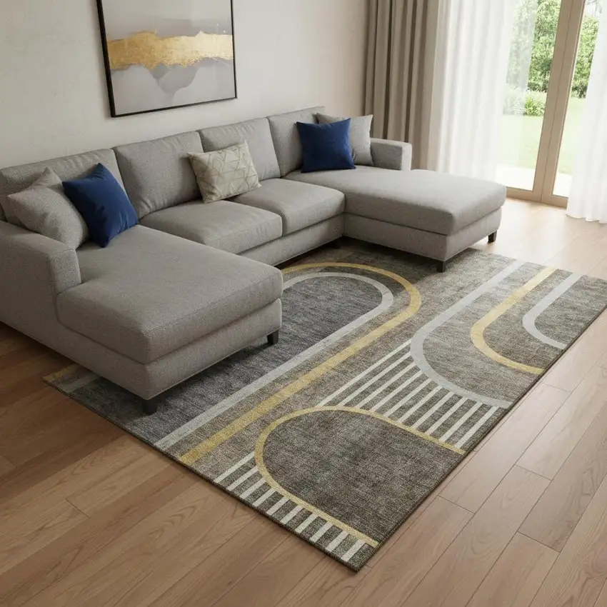 Taupe And Gold Geometric Washable Area Rug With UV Protection Photo 1