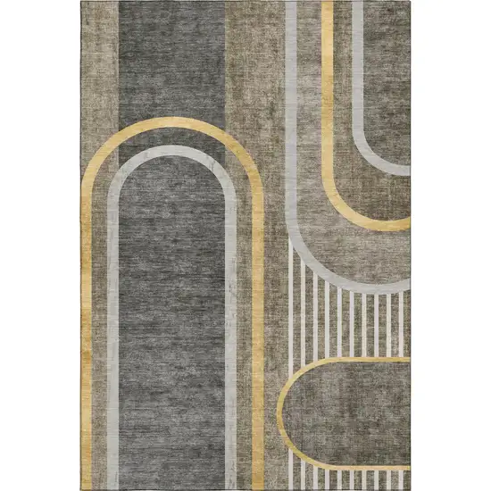 Taupe And Gold Geometric Washable Area Rug With UV Protection Photo 1