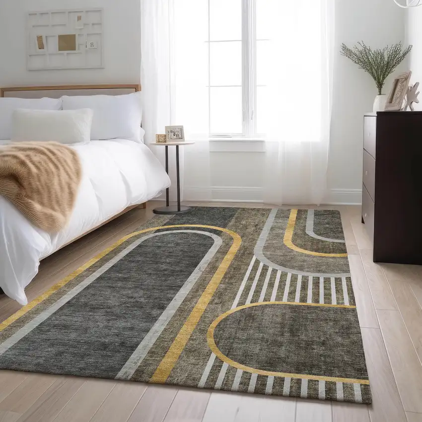 Taupe And Gold Geometric Washable Area Rug With UV Protection Photo 5