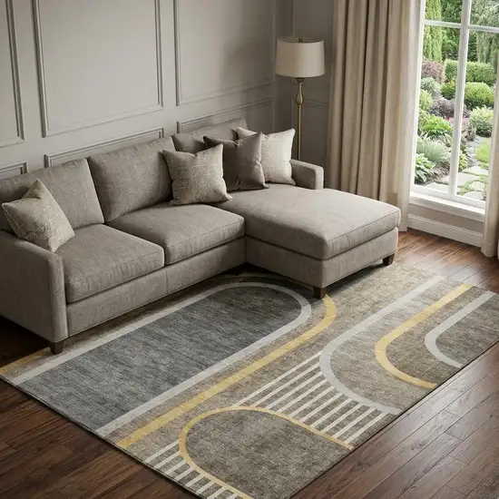 Taupe And Gold Geometric Washable Area Rug With UV Protection Photo 1