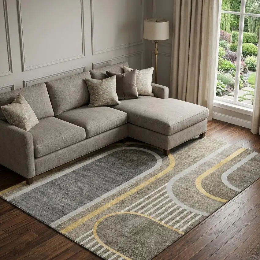 Taupe And Gold Geometric Washable Area Rug With UV Protection Photo 1