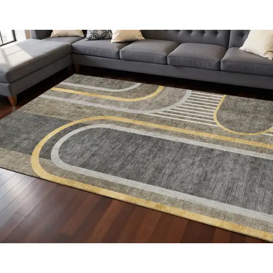 Taupe And Gold Geometric Washable Area Rug With UV Protection Photo 2
