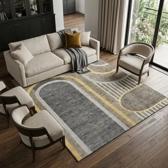 Taupe And Gold Geometric Washable Area Rug With UV Protection Photo 1