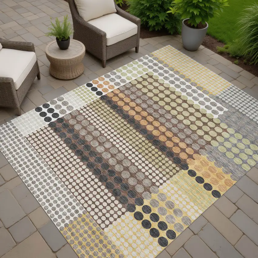 Taupe And Gold Geometric Washable Indoor Outdoor Area Rug Photo 7