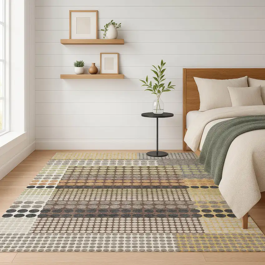 Taupe And Gold Geometric Washable Indoor Outdoor Area Rug Photo 6