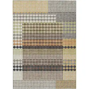 Photo of Taupe And Gold Geometric Washable Indoor Outdoor Area Rug