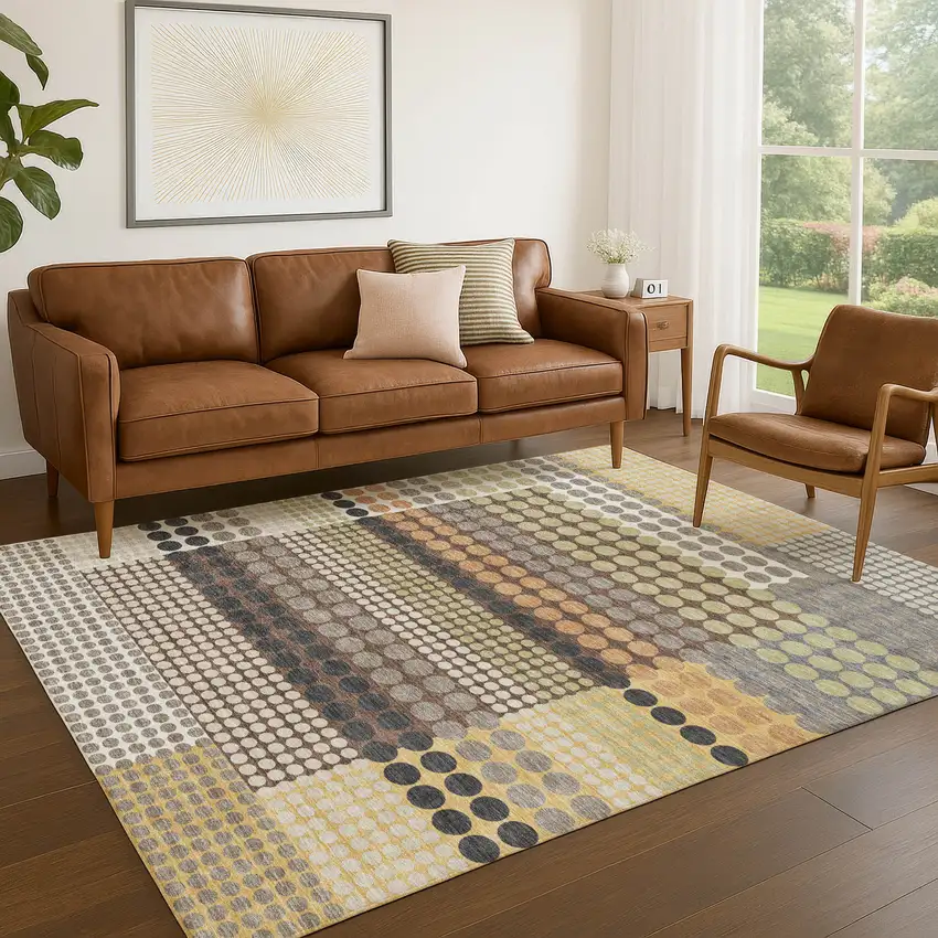 Taupe And Gold Geometric Washable Indoor Outdoor Area Rug Photo 5