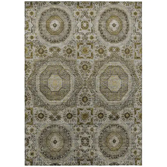 Taupe And Gold Medallion Washable Indoor Outdoor Area Rug Photo 1