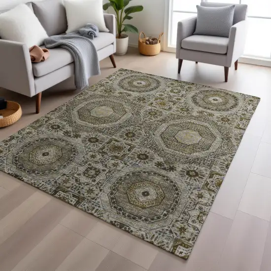 Taupe And Gold Medallion Washable Indoor Outdoor Area Rug Photo 6