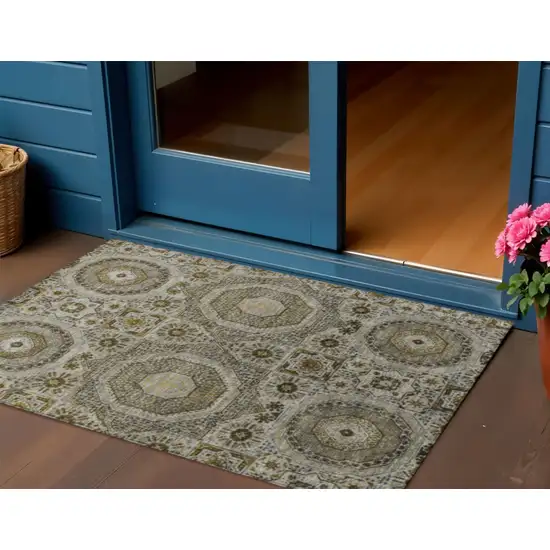 Taupe And Gold Medallion Washable Indoor Outdoor Area Rug Photo 2