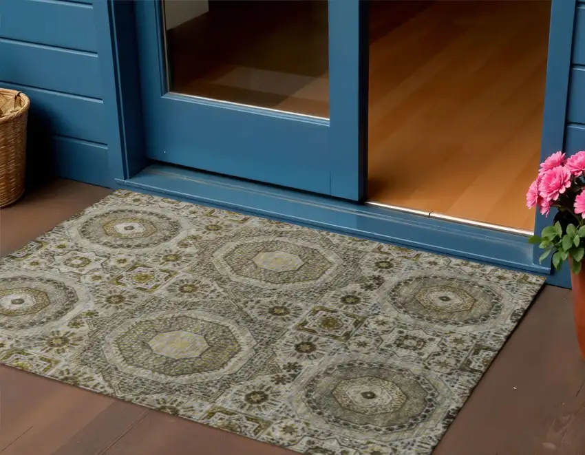 Taupe And Gold Medallion Washable Indoor Outdoor Area Rug Photo 2