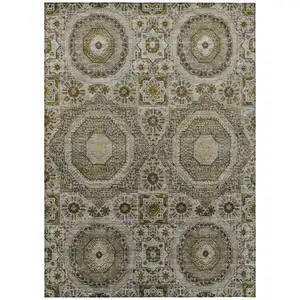 Photo of Taupe And Gold Medallion Washable Indoor Outdoor Area Rug