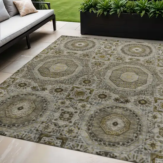Taupe And Gold Medallion Washable Indoor Outdoor Area Rug Photo 2
