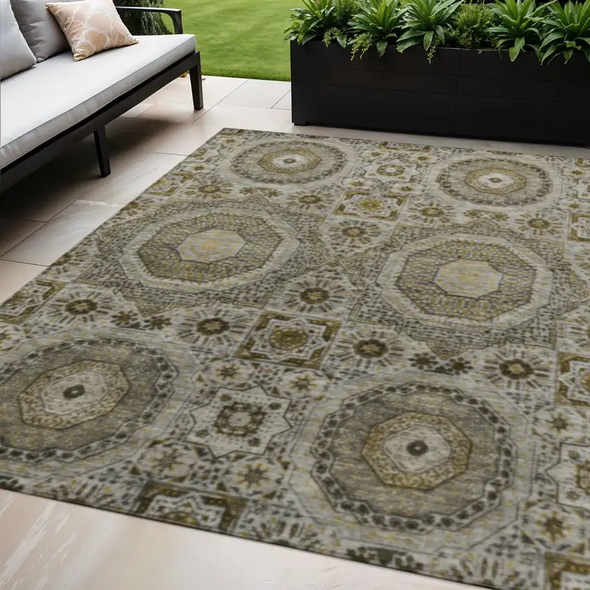 Taupe And Gold Medallion Washable Indoor Outdoor Area Rug Photo 2
